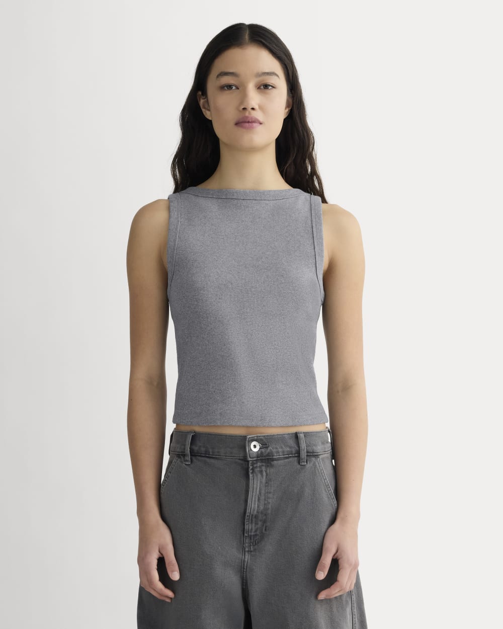The Selfie Boatneck Tank in Mid Heather Grey — front view