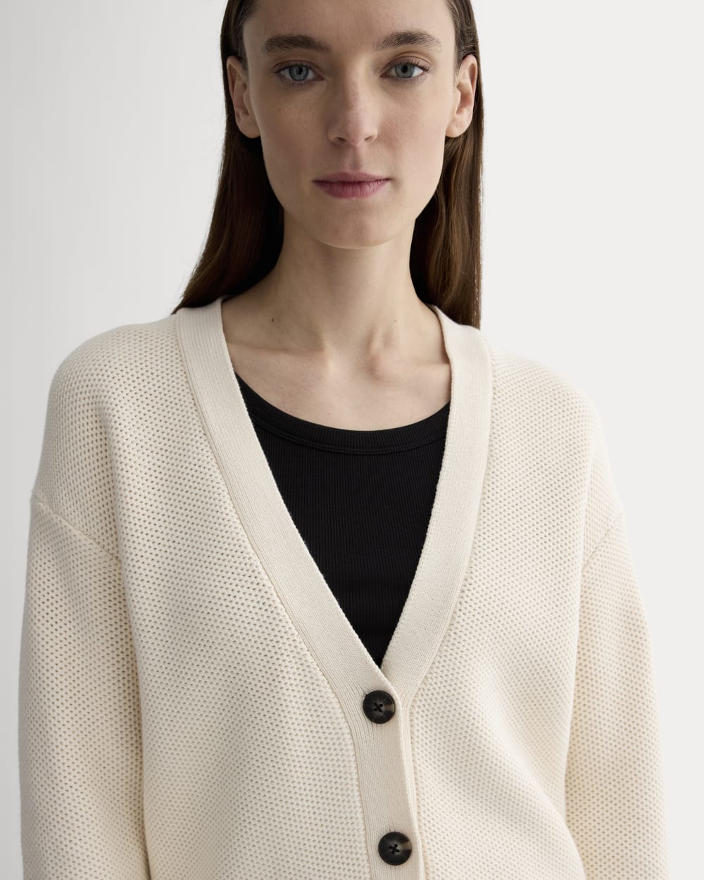 The Cotton Honeycomb Cardigan in Canvas — detail view