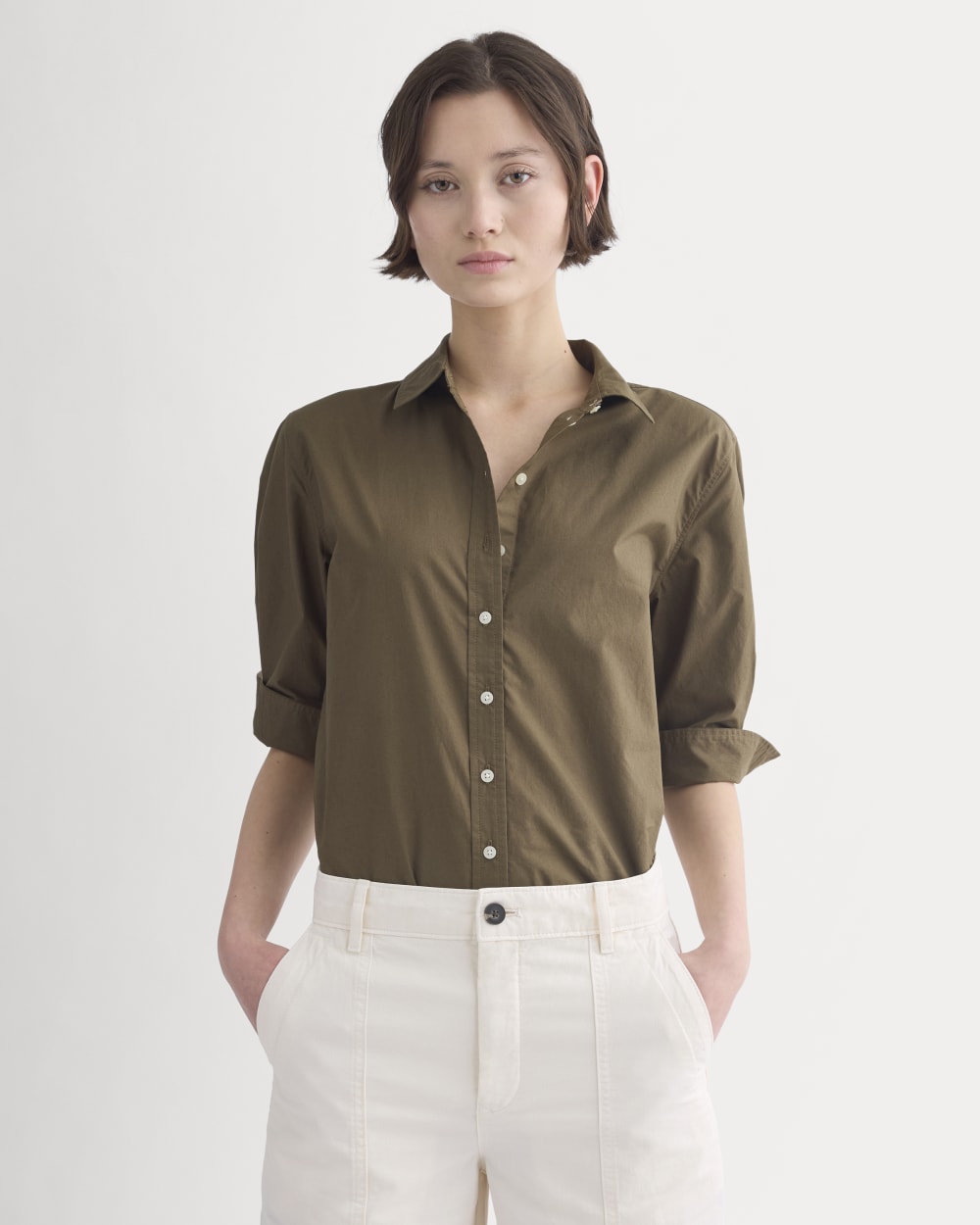 Cuff Detail Shirt in Lightweight Cotton in Beech — front view