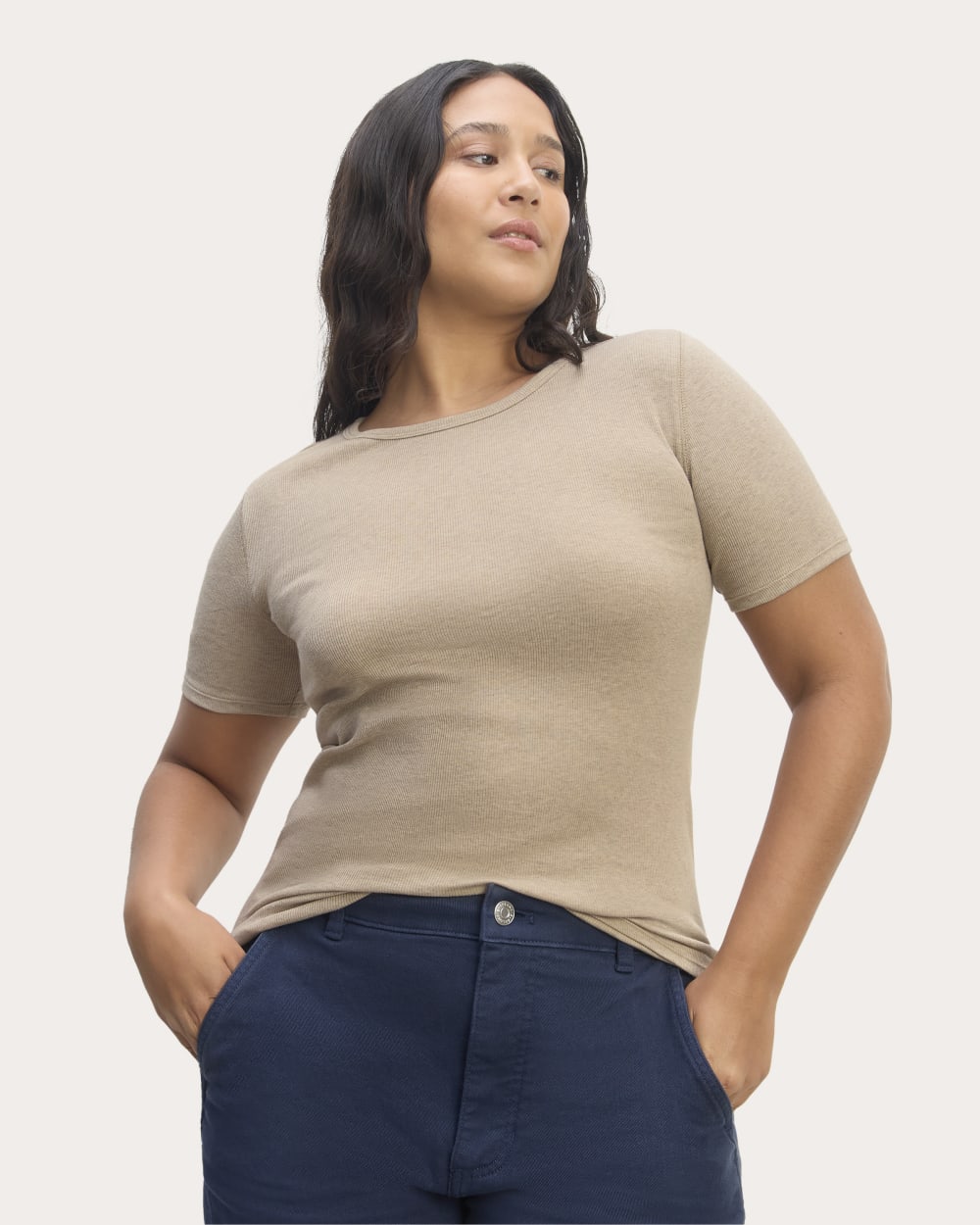 The Luxe Rib Crew in Heathered Tan — front view