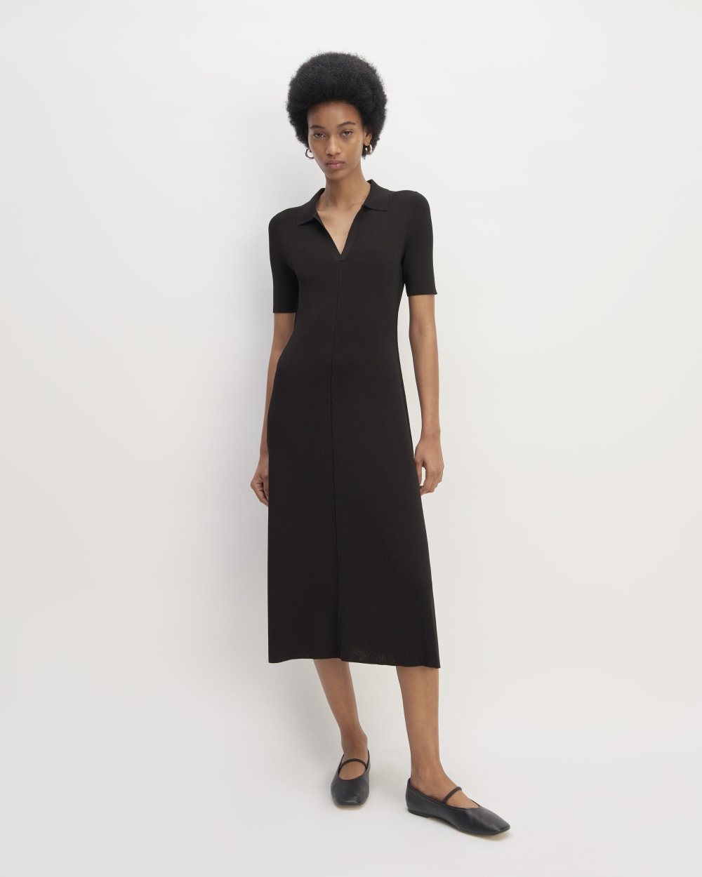 The Viscose Knit Polo Midi Dress in Black — front view