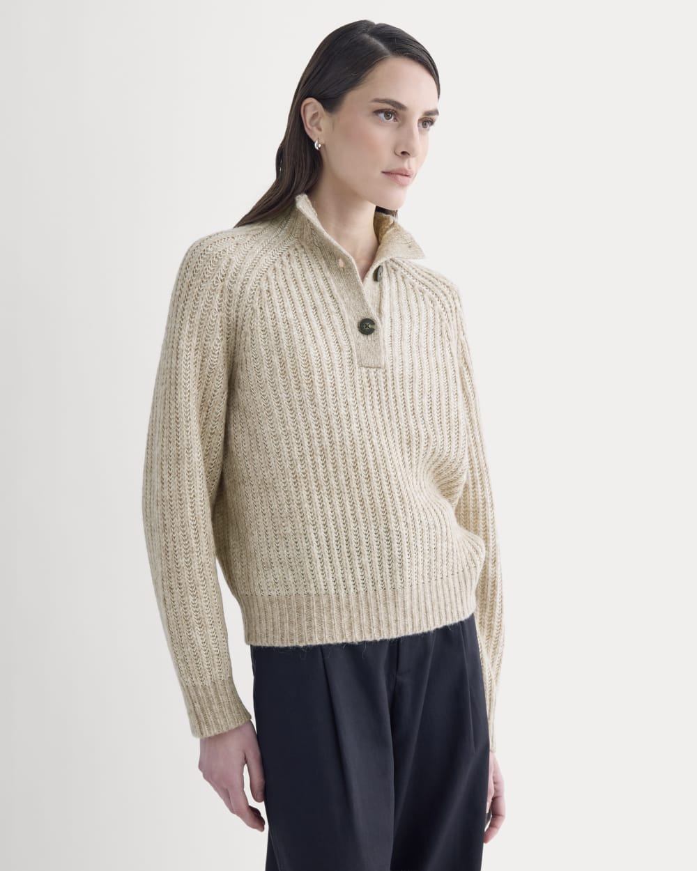 Funnel-Neck Ribbed Henley Sweater in Heathered Almond / Bone Vertical Stripe — front view