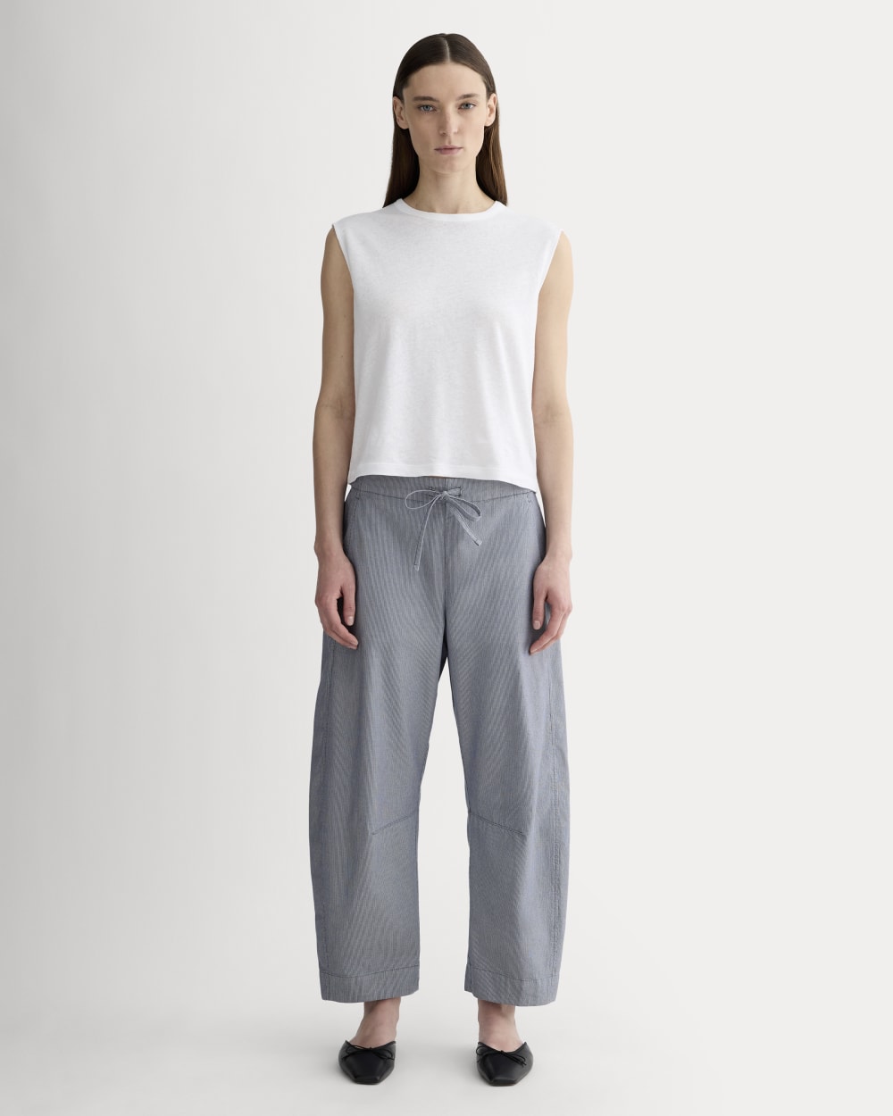 The Easy Barrel Pant in Dark Denim Pinstripe — front view