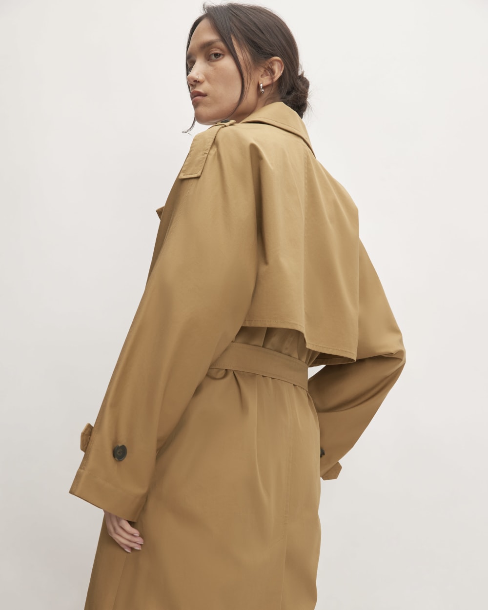 The Cotton Long Trench Coat in Toasted Coconut — detail view