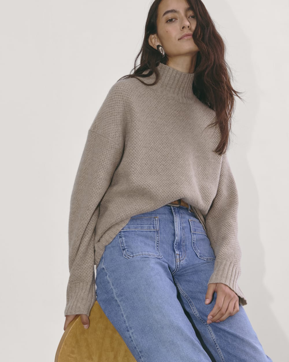 The Honeycomb Funnel Neck in Wool Cashmere in Oatmeal — detail view