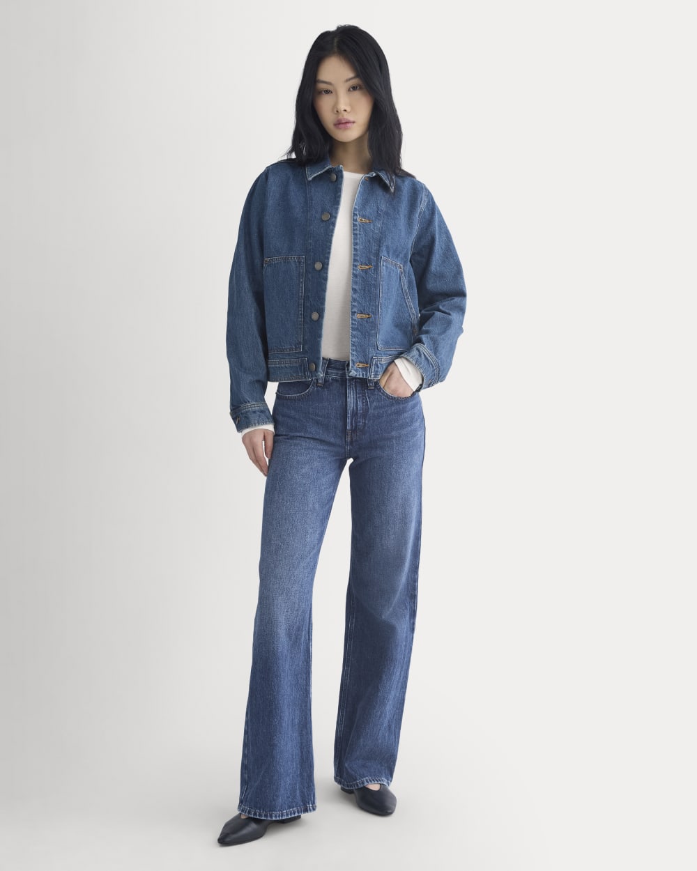 Denim Chore Jacket in Mid Indigo — detail view