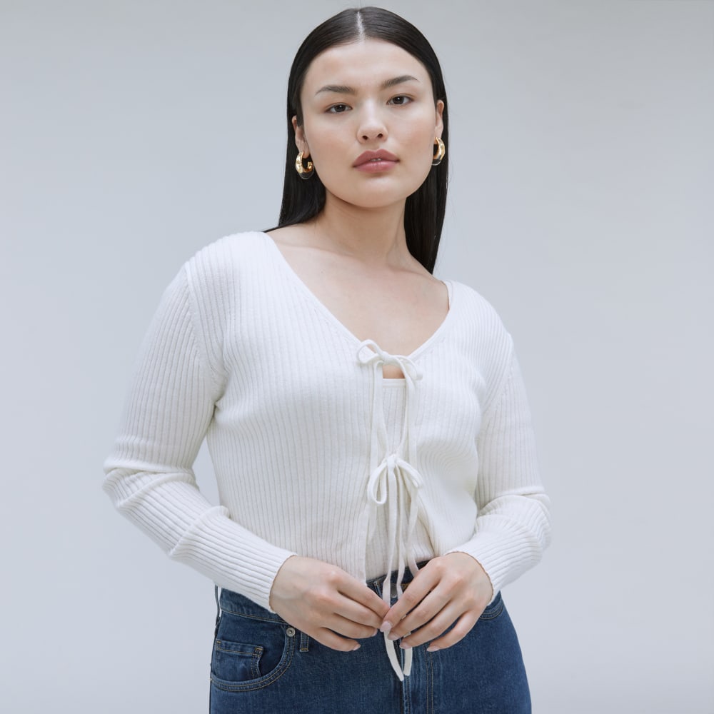 The Cotton-Merino Front-Tie Top in Snowflake — detail view