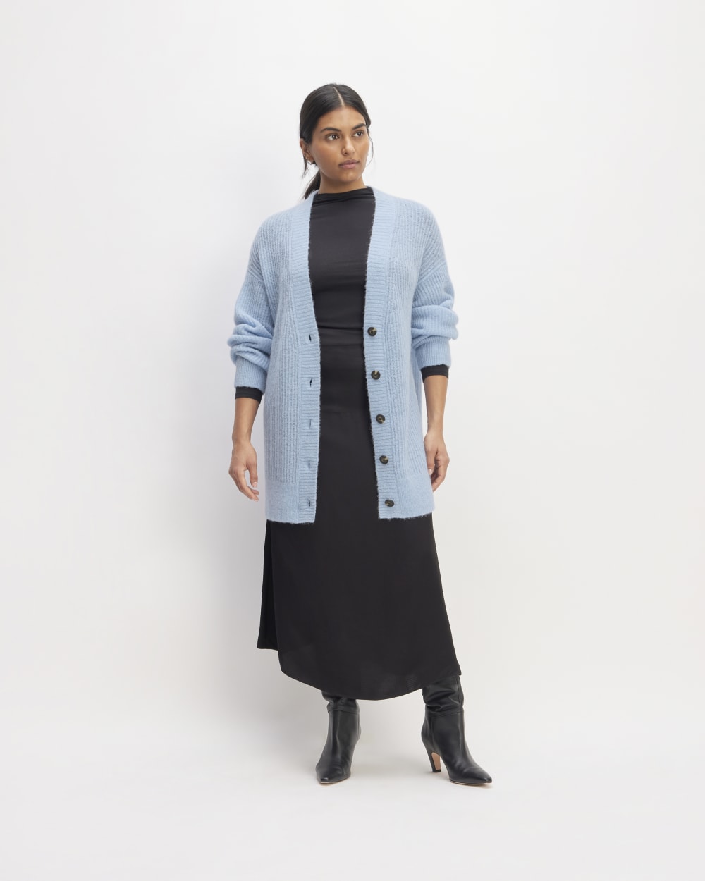 The Alpaca Oversized Cardigan in Chambray Blue — detail view