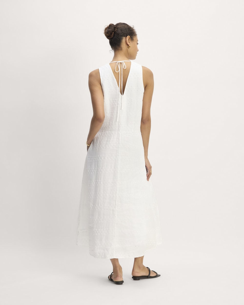 The Linen Eyelet Maxi Dress in White Eyelet — detail view