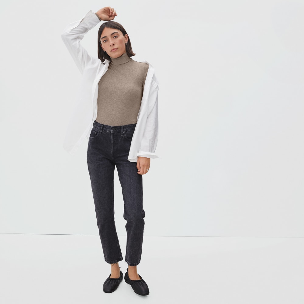 The Luxe Micro-Rib Turtleneck in Heathered Burnt Sugar — detail view