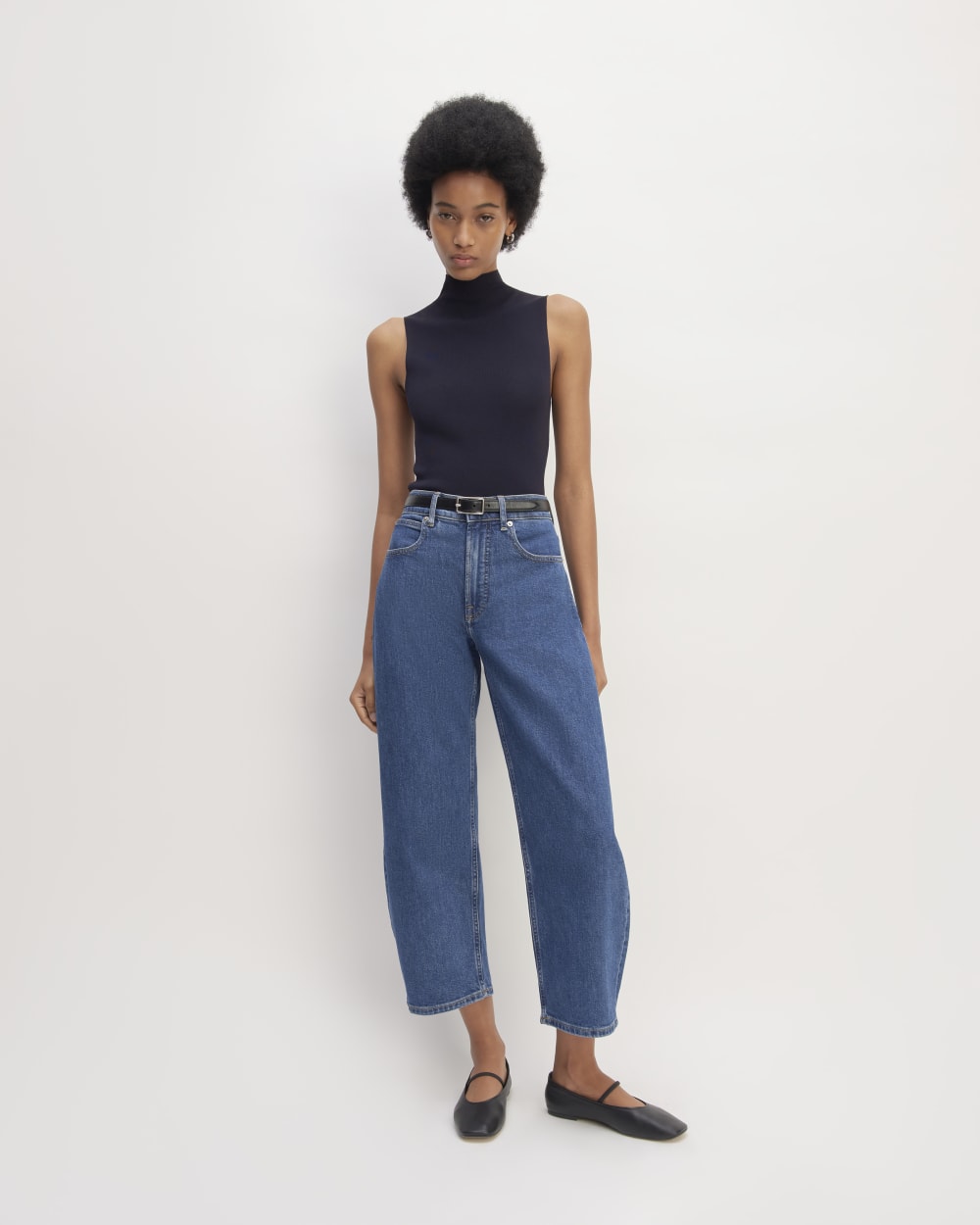 The Viscose Mock Neck Top in Navy — detail view