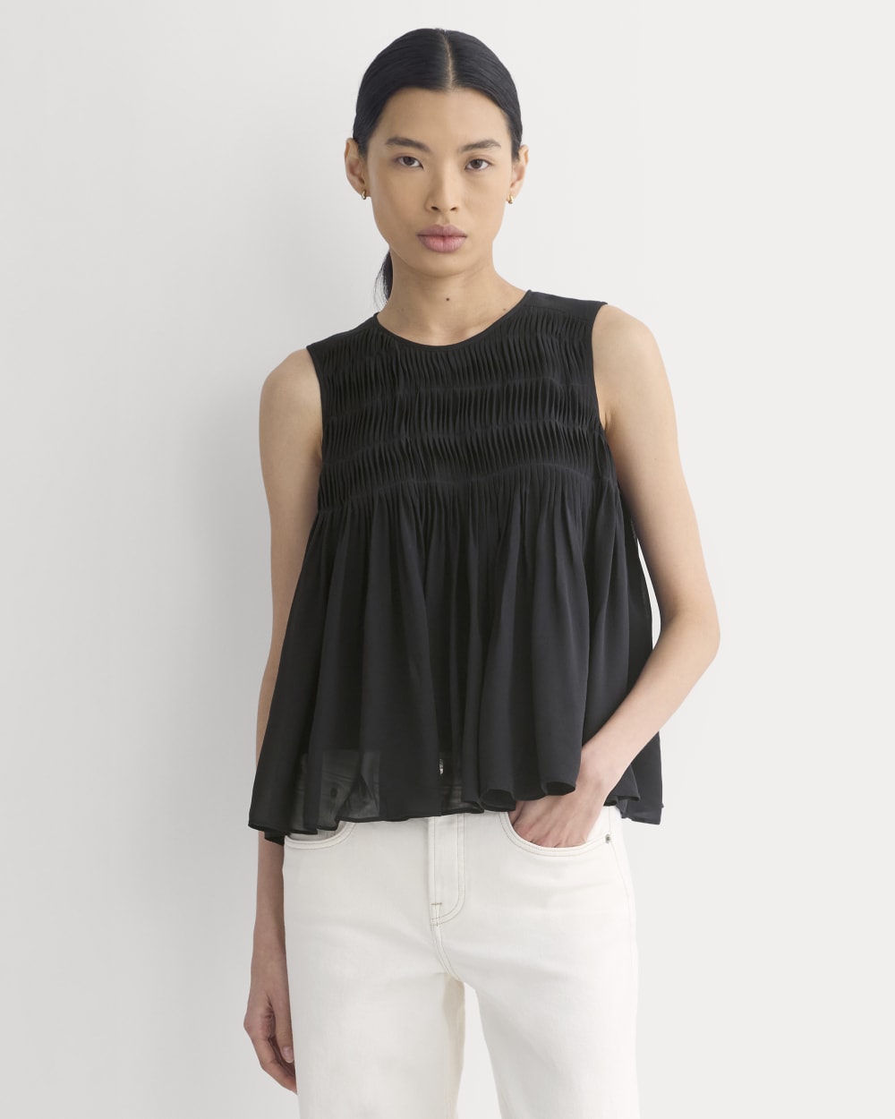 Twisted Pleat Tank in Silk Georgette in Black — front view