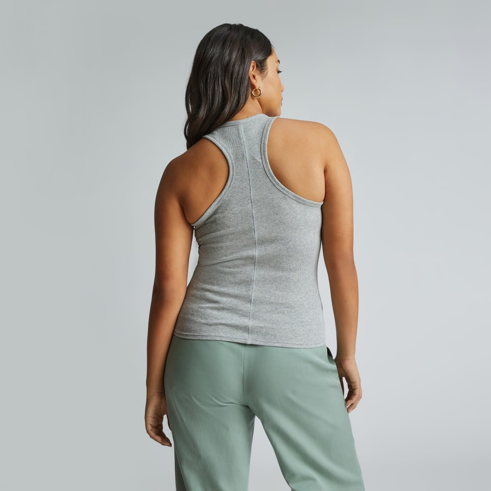 The Luxe Rib Racerback Tank in Heathered Grey — detail view