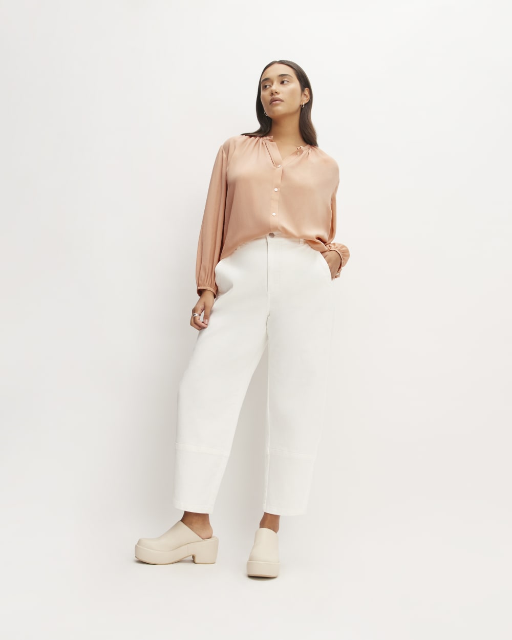 The Washable Clean Silk Shirred Blouse in Blush Pink — detail view
