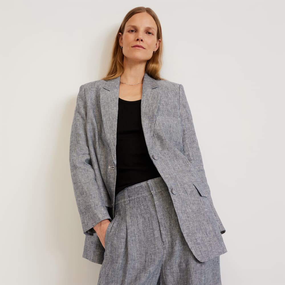 The Oversized Blazer in Linen in Canvas Tan / Navy — front view