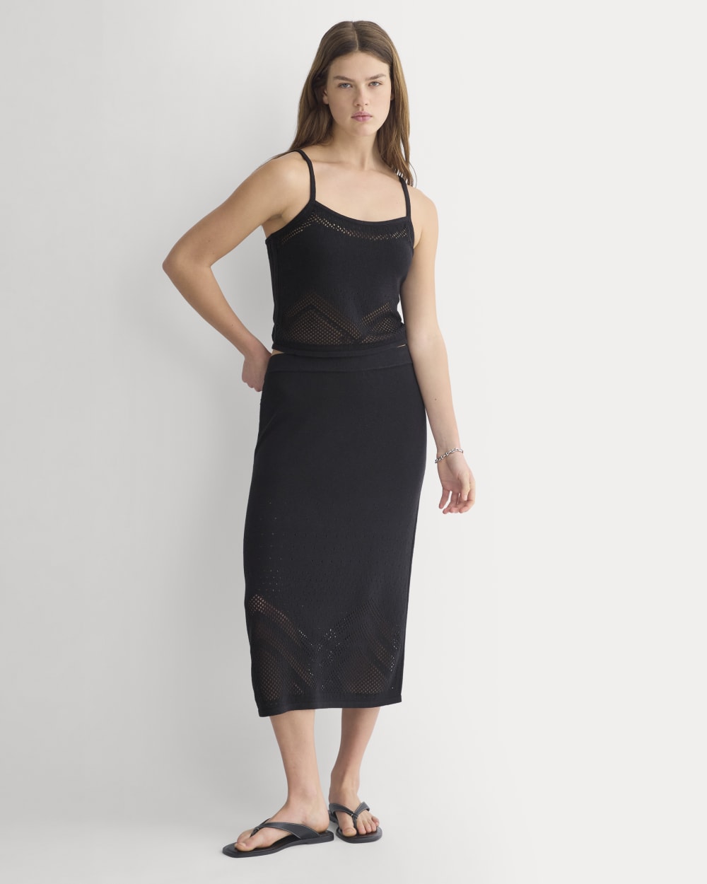 Lace-Knit Maxi Skirt in Black — front view