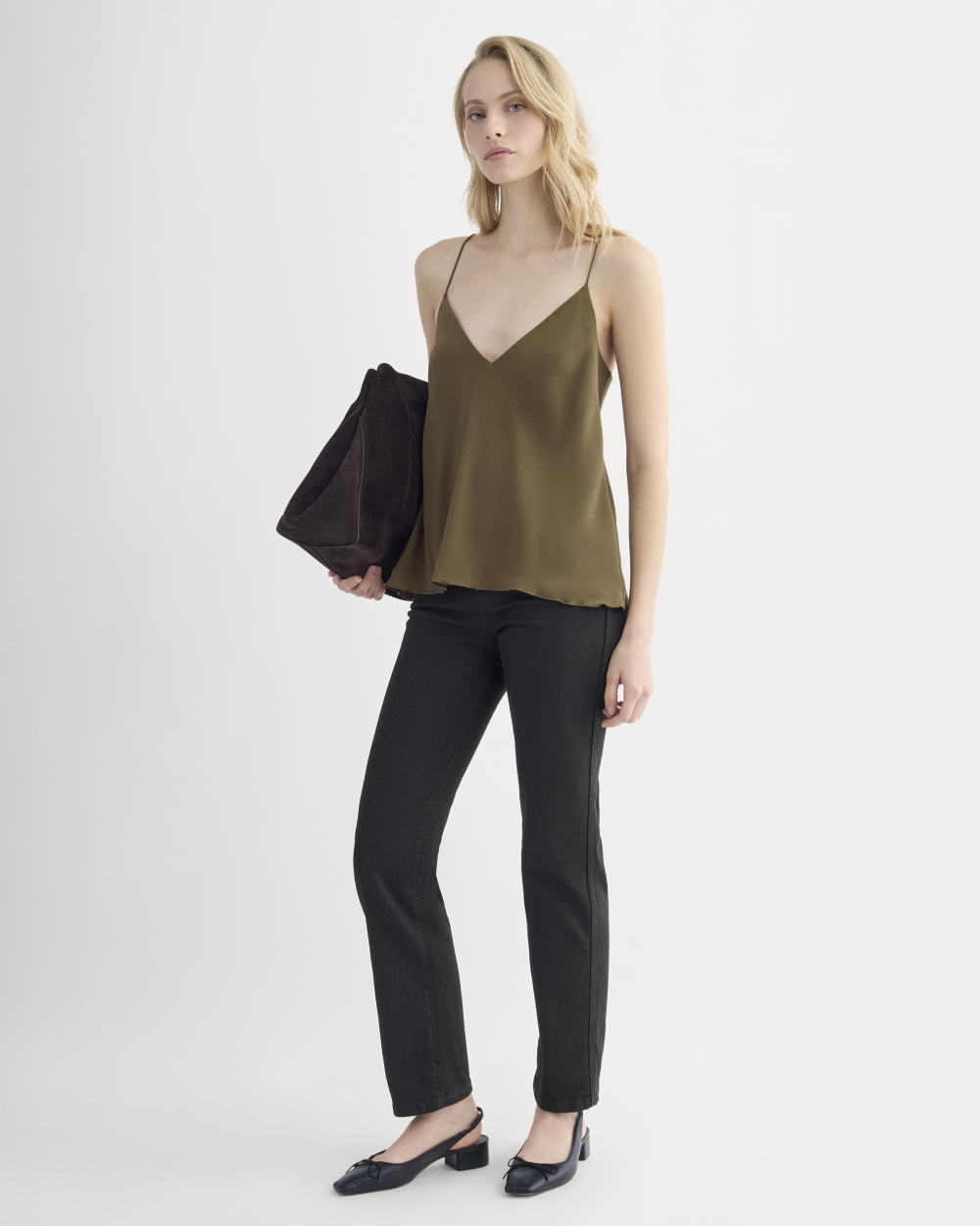 The Tie Back Cami in Washable Silk in Beech — detail view