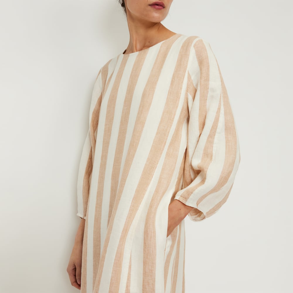 The Linen A-Line Midi Dress in Bone / Caramel — detail view