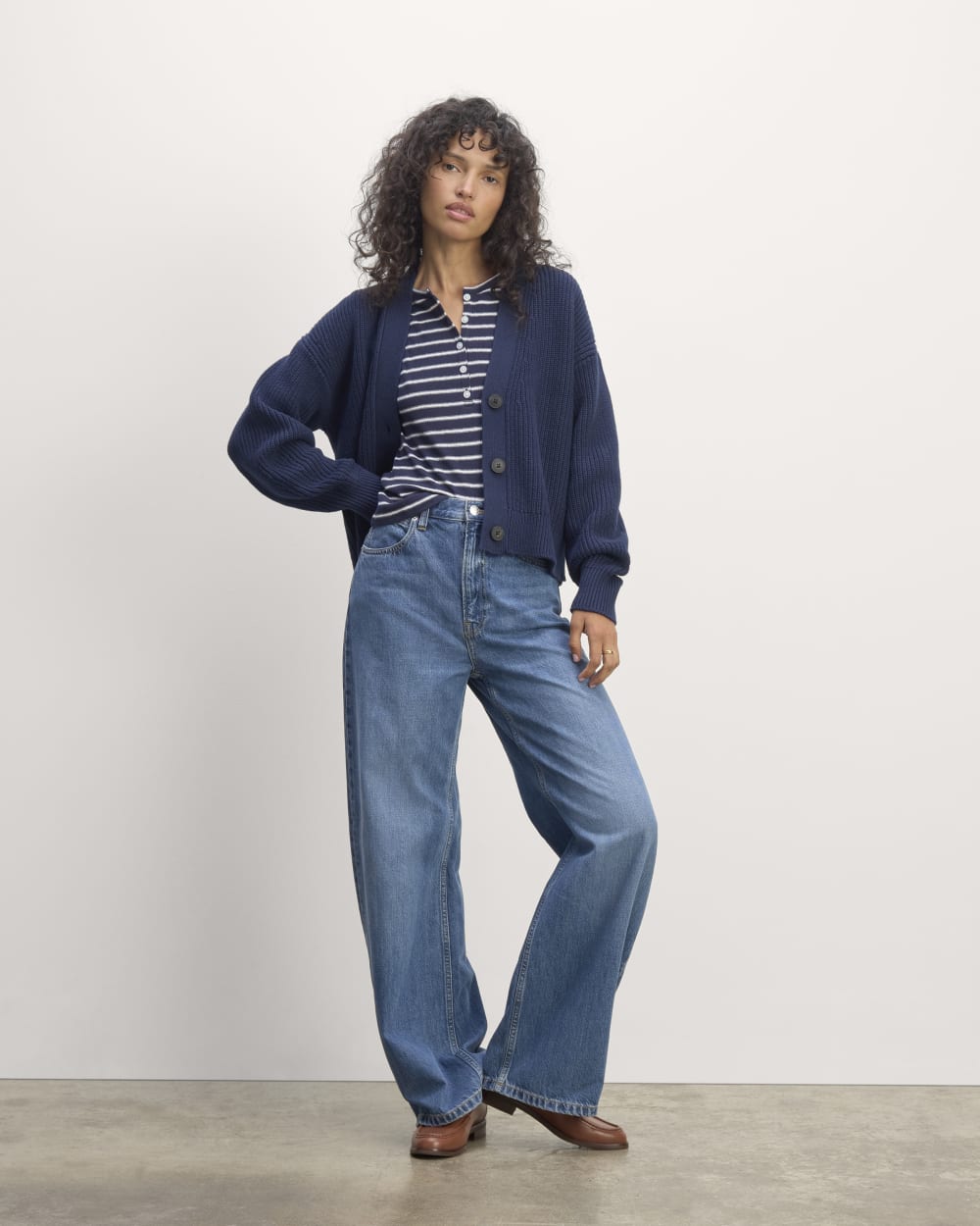 The Boxy Cardigan in Everyday Cotton in Navy — detail view