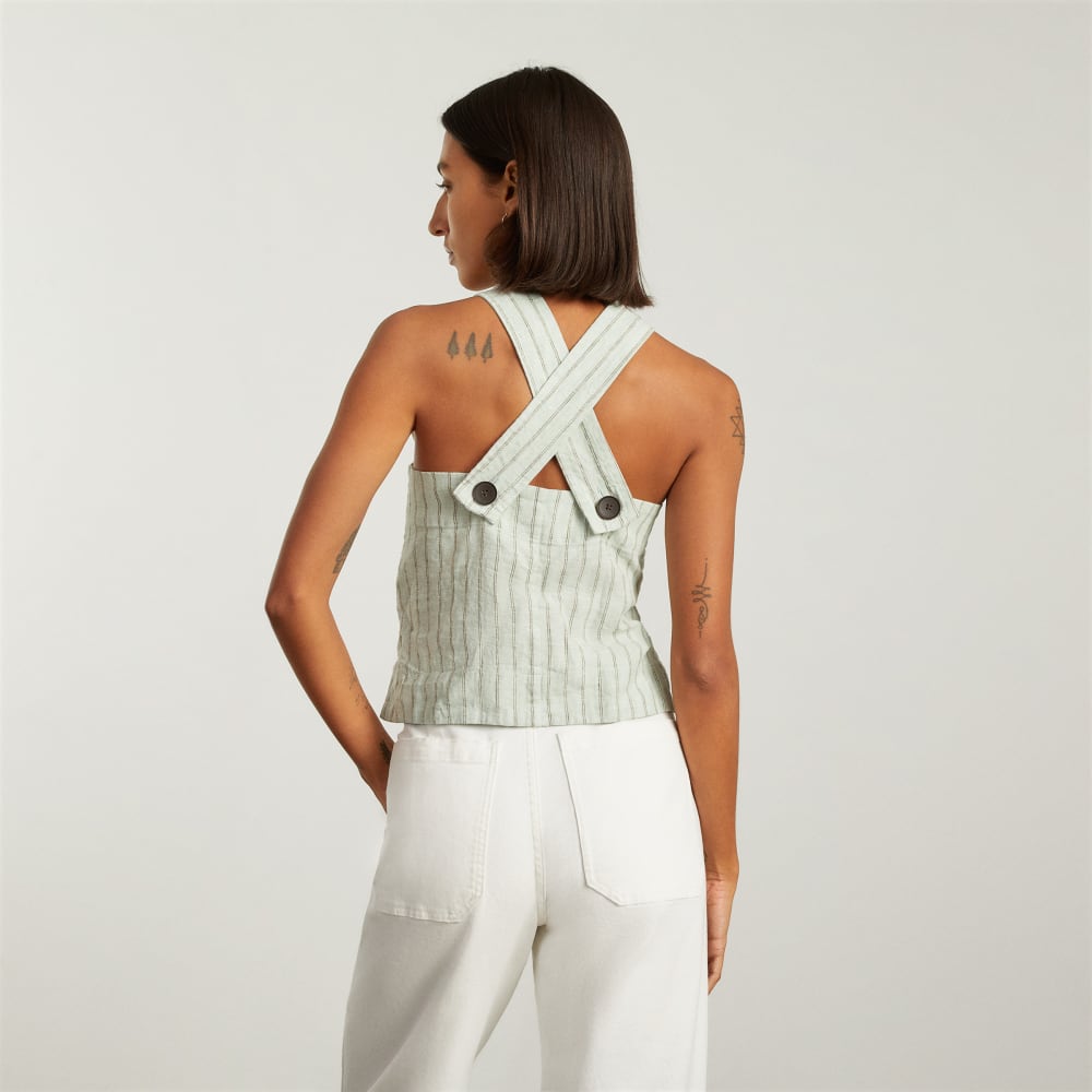 The Apron Linen Tank in Seafoam Pinstripe — detail view