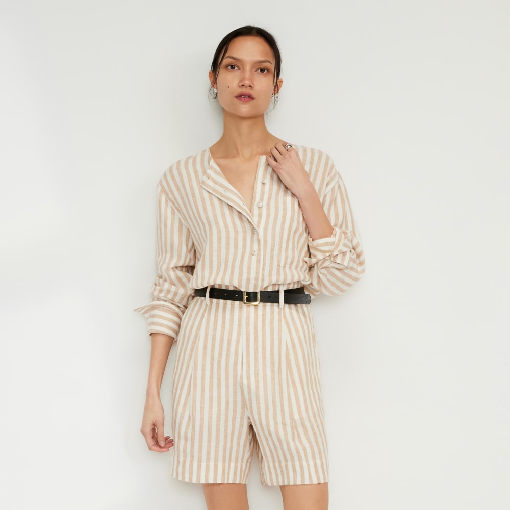 The Linen Popover Shirt in Bone / Caramel — front view