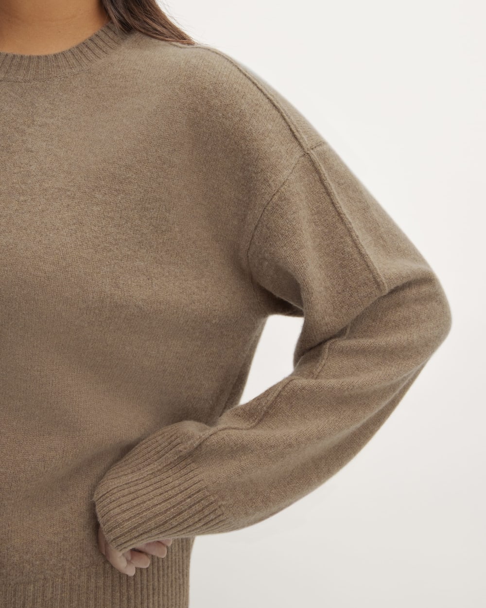 The Good Merino Wool Crewneck Sweater in Praline — detail view