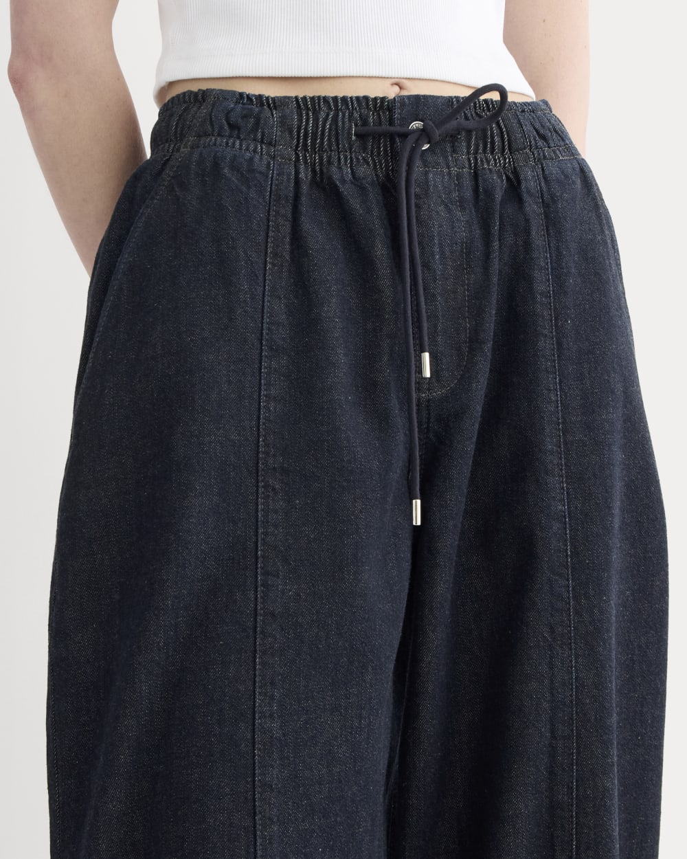 The Drawstring Baggy Jean in Dark Indigo — detail view