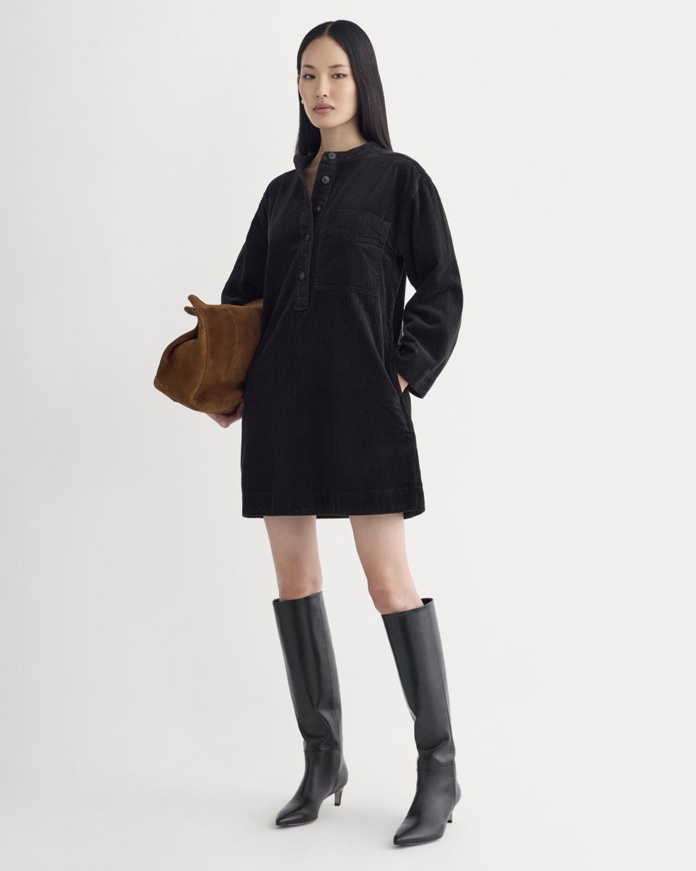 The Corduroy Mini Dress in Black — front view