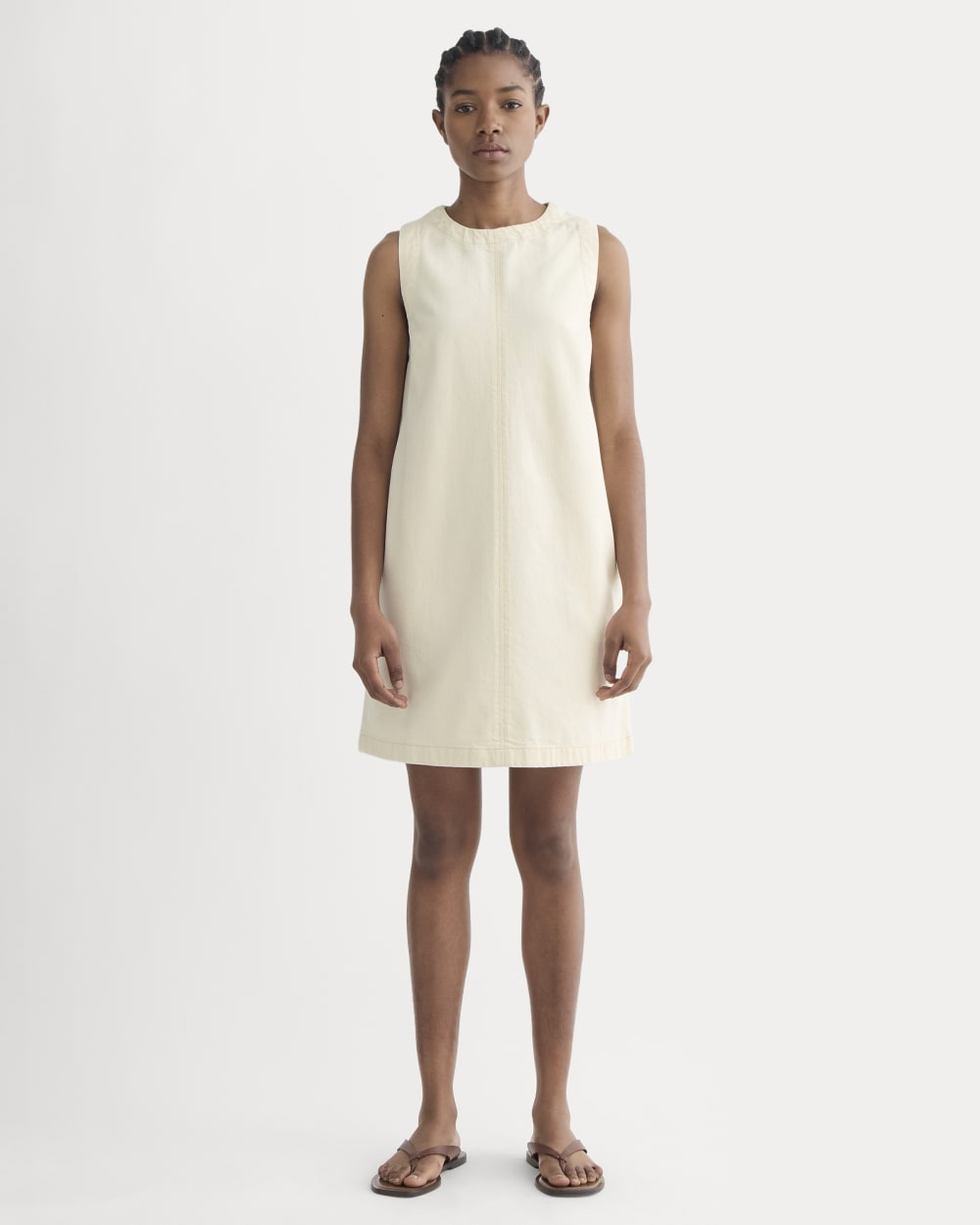 The Denim Shift Dress in Ecru — front view