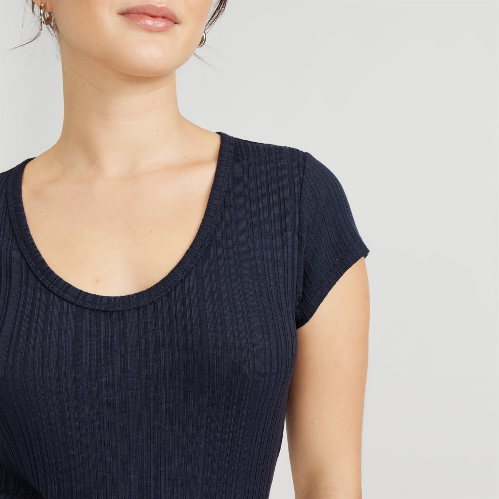 The Rib Soft Knit Scoop-Neck Tee in Navy — detail view