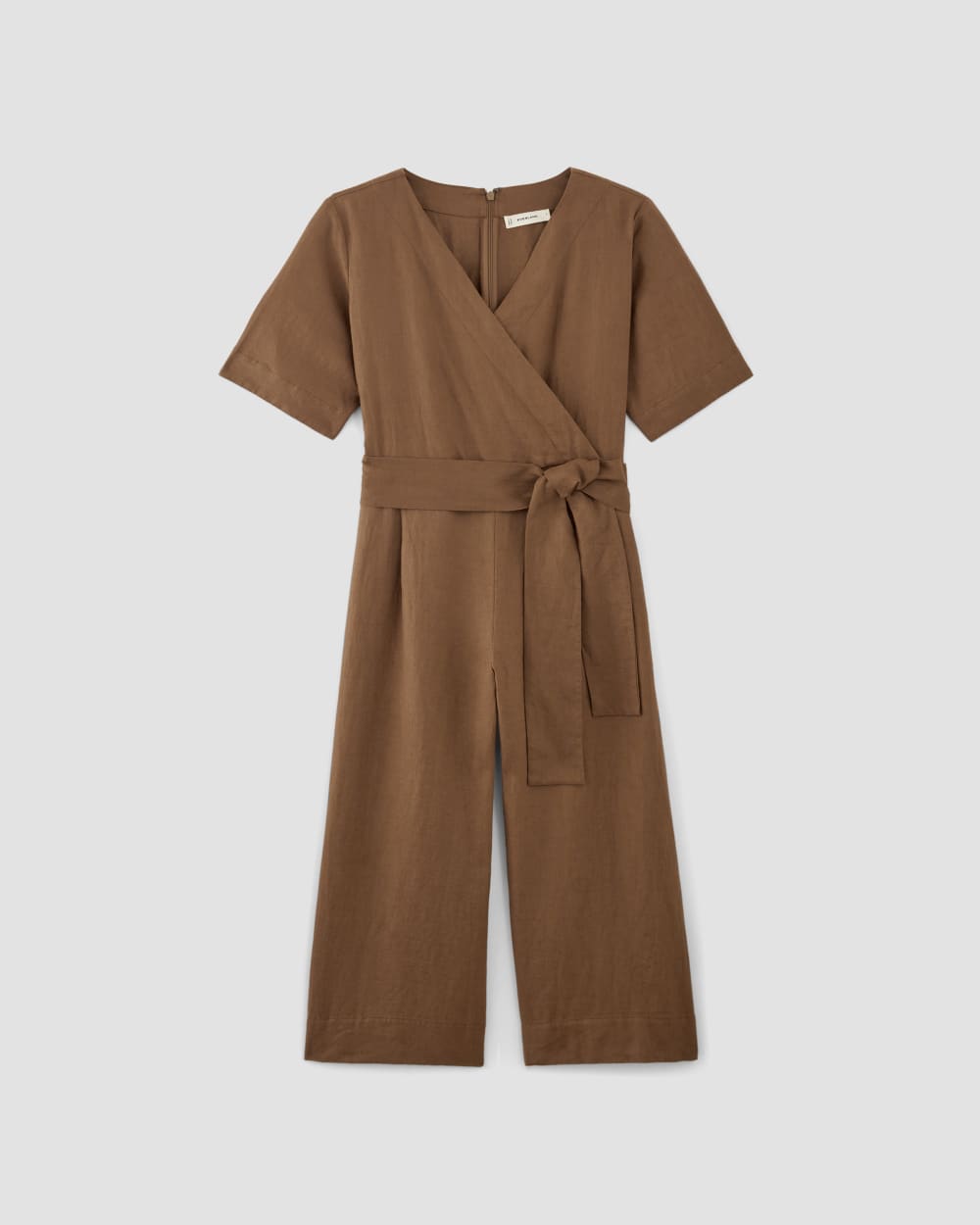 The Wrap Jumpsuit in Linen in Carob Brown — alternate view
