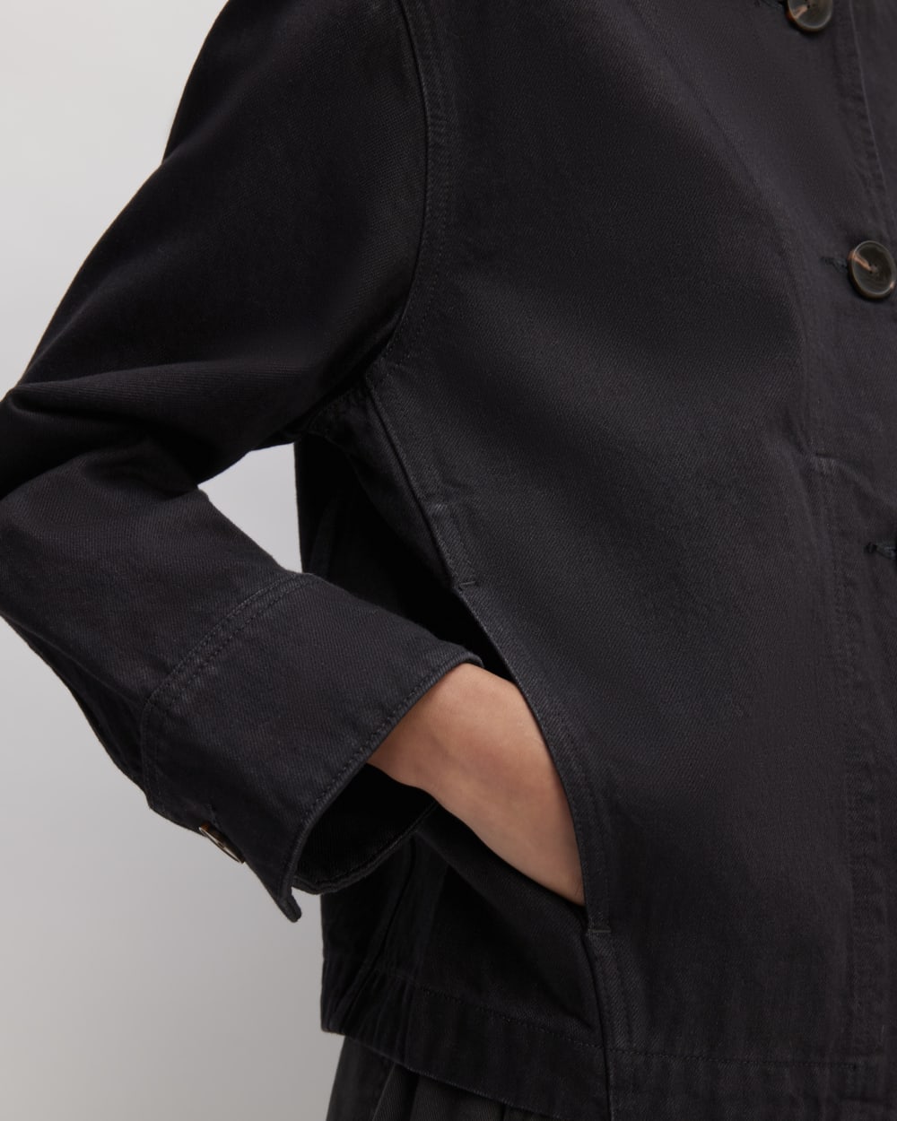 The Denim Barrel Jacket in Black — detail view