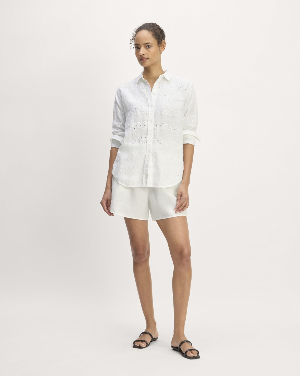 The Linen Eyelet Relaxed Shirt in White Eyelet — detail view