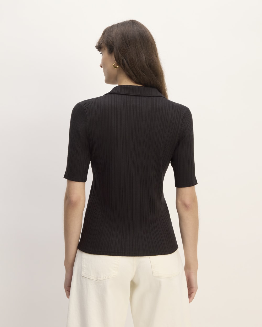 The Rib Soft Knit Open Collar Polo in Black — detail view