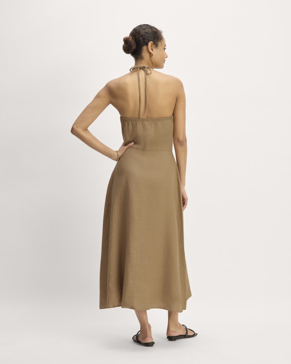 The Linen Halter-Neck Dress in Tiger's Eye — detail view