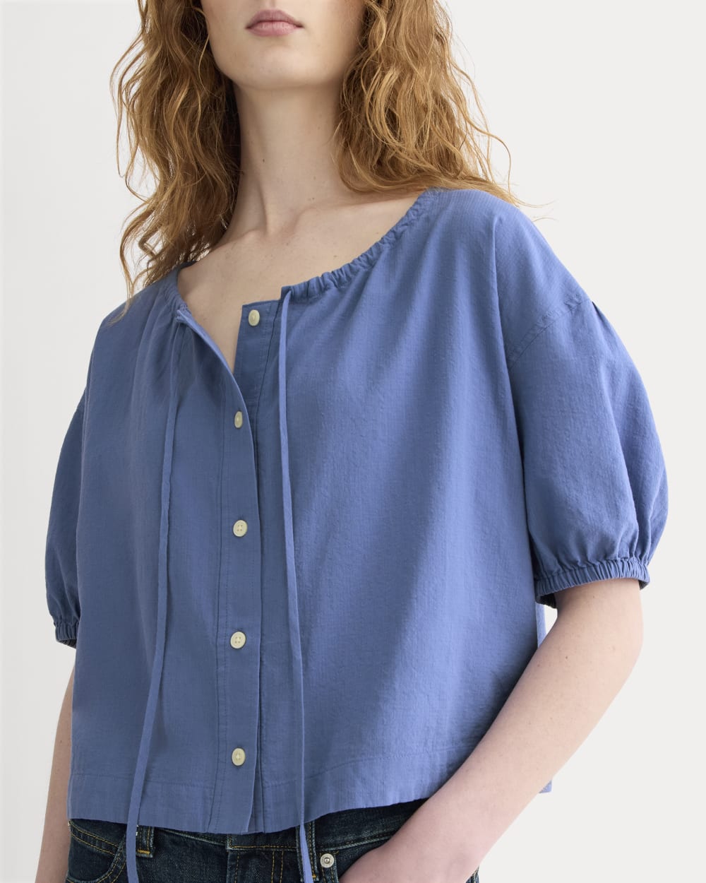 The Gauze Button-Up in Soft Cobalt — detail view