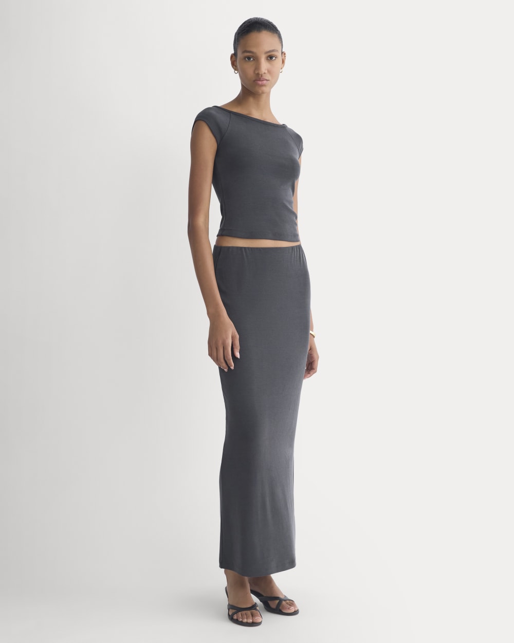 Boatneck Cap-Sleeve Top in Butterknit in Black — detail view