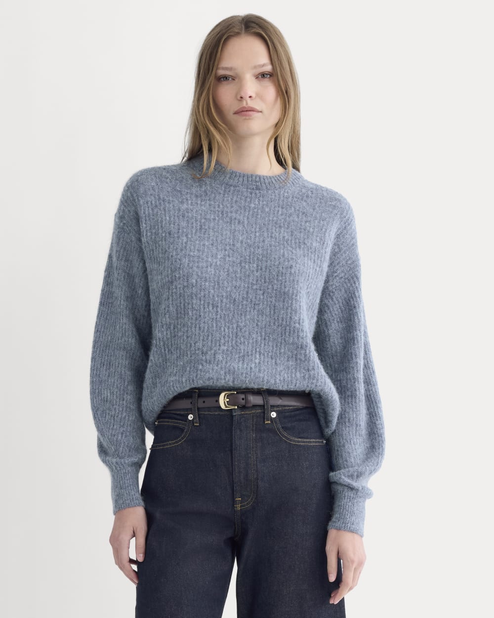 The Cocoon Crew in Alpaca in Heather Sage Blue — front view