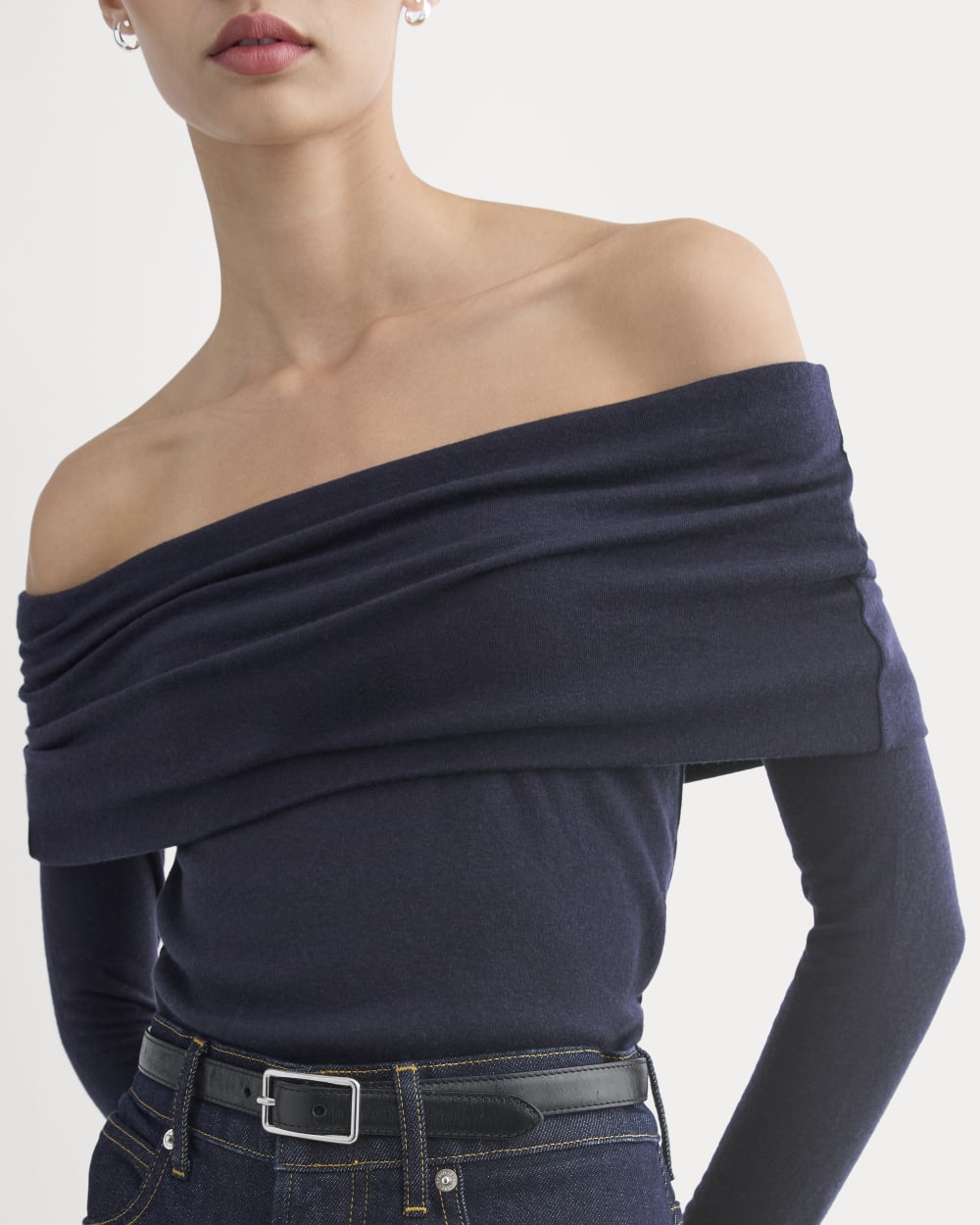 The Off-the-Shoulder Top in Butterluxe in Deep Navy — detail view
