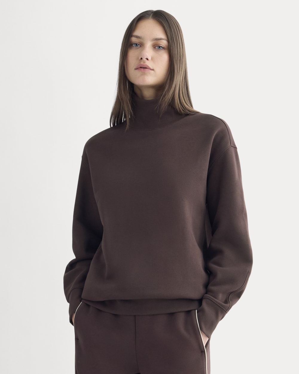 Luxe Fleece Turtleneck in Dark Chocolate — front view